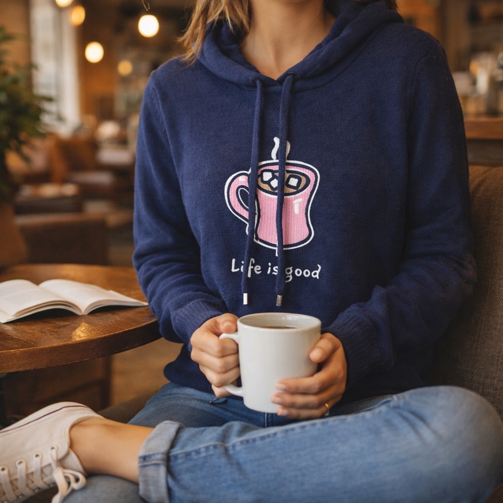 Life is Good Navy Coffee Mug Hoodie Sweater Medium Cozy Casual